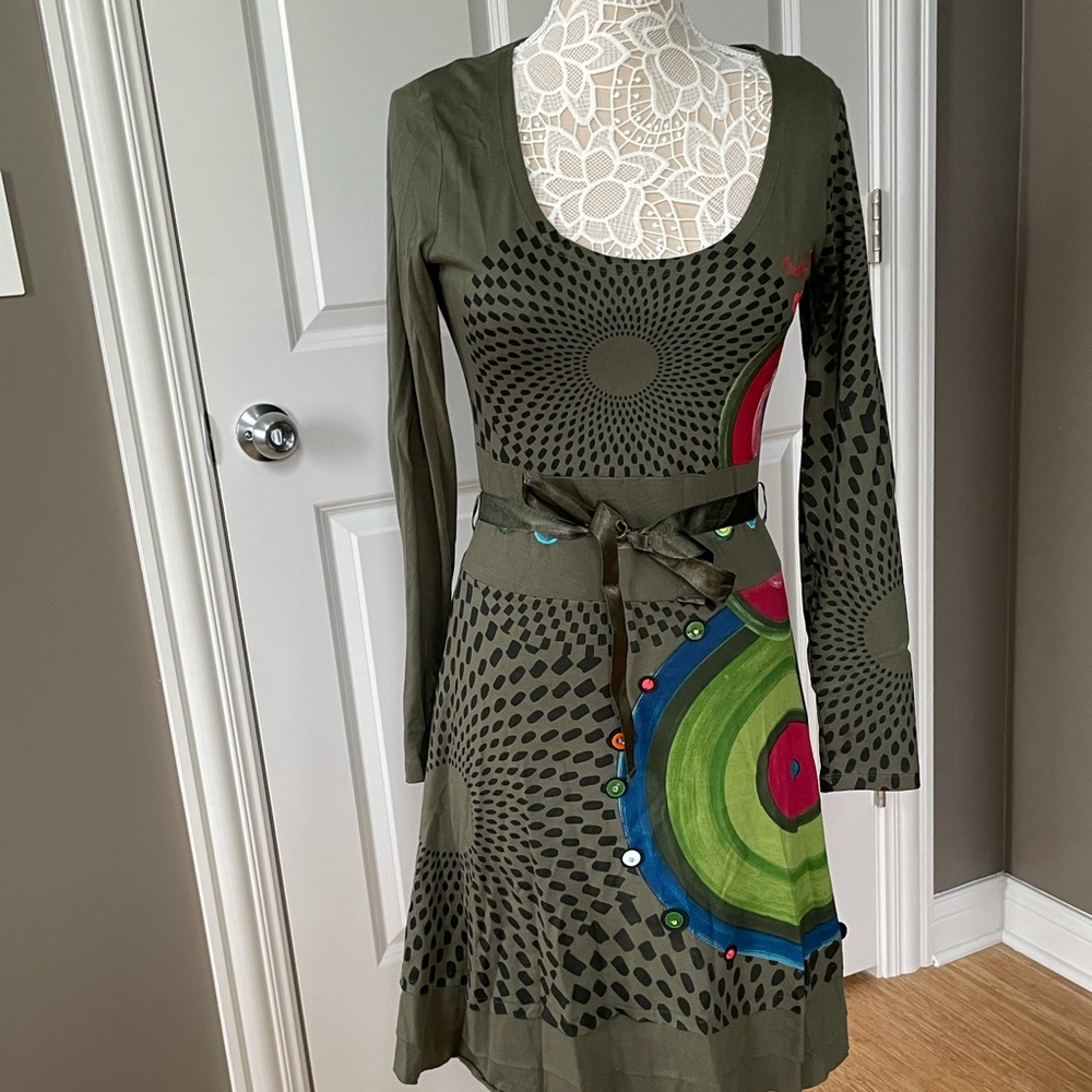 Olive green Desigual dress. Size small. Has small stains, barely visible.